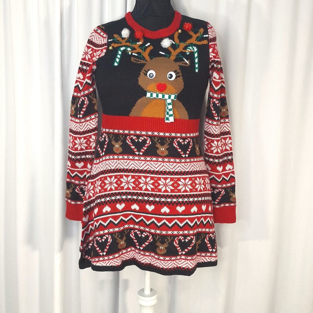 Born Famous Large Reindeer Ugly Christmas Sweater Dress  NWT Jingle Bells Party